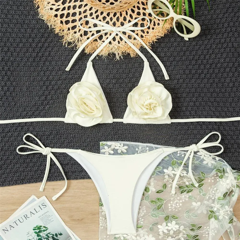 3D Flower Solid White Micro String Bikini Swimwear Halter Triangle ...