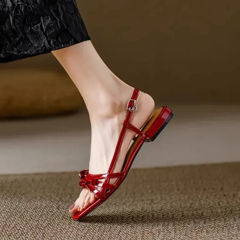 Square Flats Elegant Temperament Patent Leather Lightweight Non Slip Fairy Shoes Bow Buckle Open Toe Sandals 260104_voghion.com