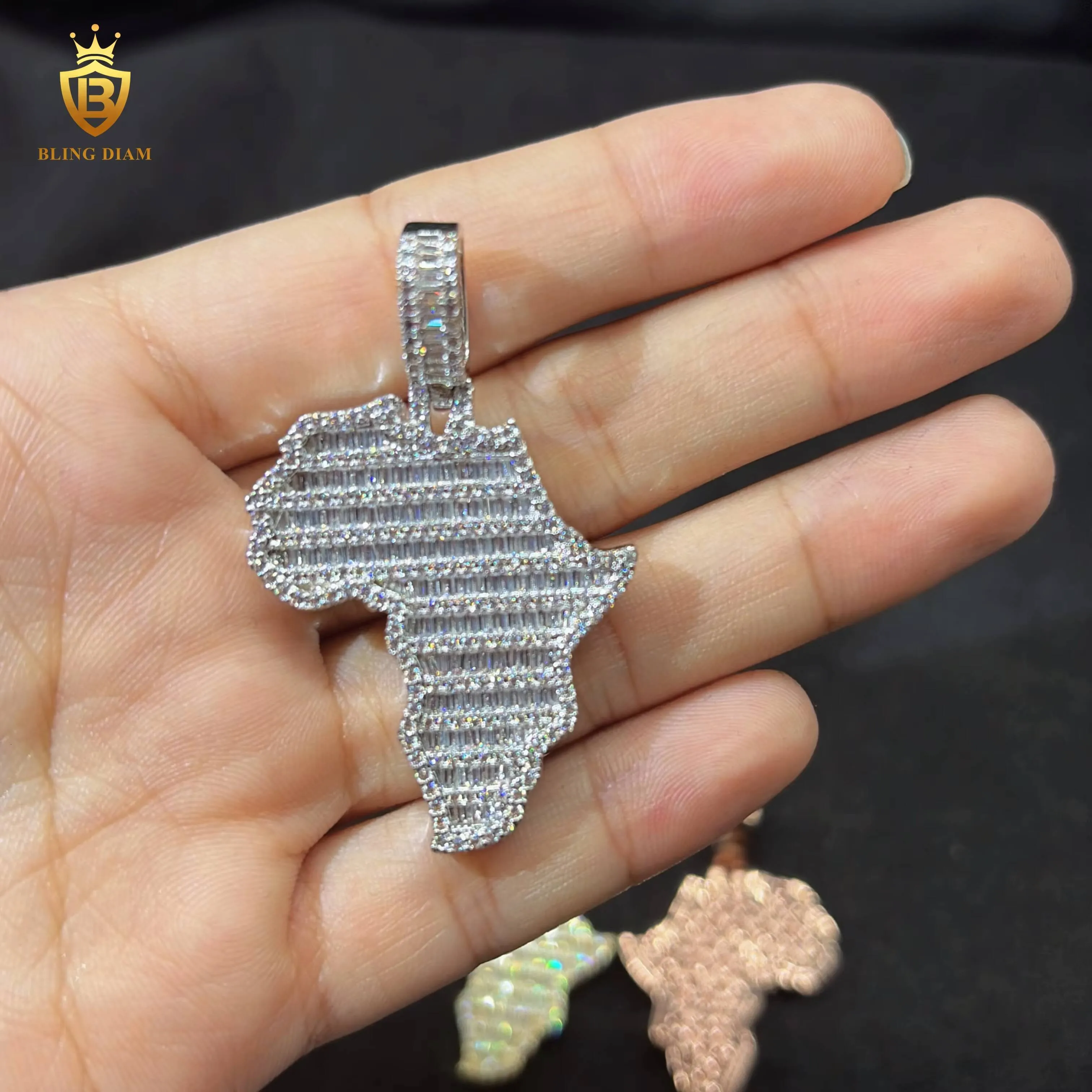 Joias em promoção: Ouro rosa, Moissanita, Estilo Hip Hop, Testador de Diamantes, Pingente Personalizado com Mapa em Prata de Lei 925_voghion.com