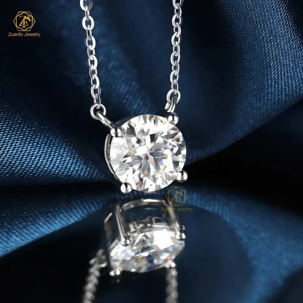 Schlichter Partyschmuck aus 925er Sterlingsilber mit vier Krappen, rundem Brillantschliff, 8 mm, 2 Karat Moissanit-Anhänger._voghion.com