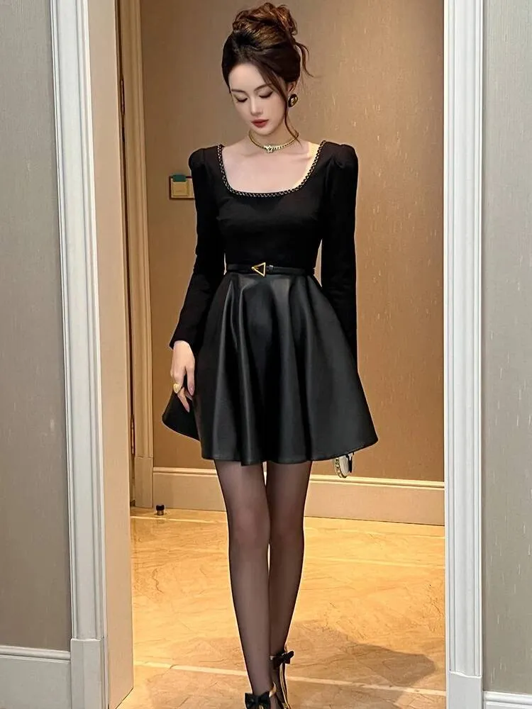 Bestseller Women Clothes Black Velvet PU Spliced Sexy Square Neck Slim  A-Line Mini Short Dress Elegant Party Prom Vestidos Fiesta Fashion ddmytues
