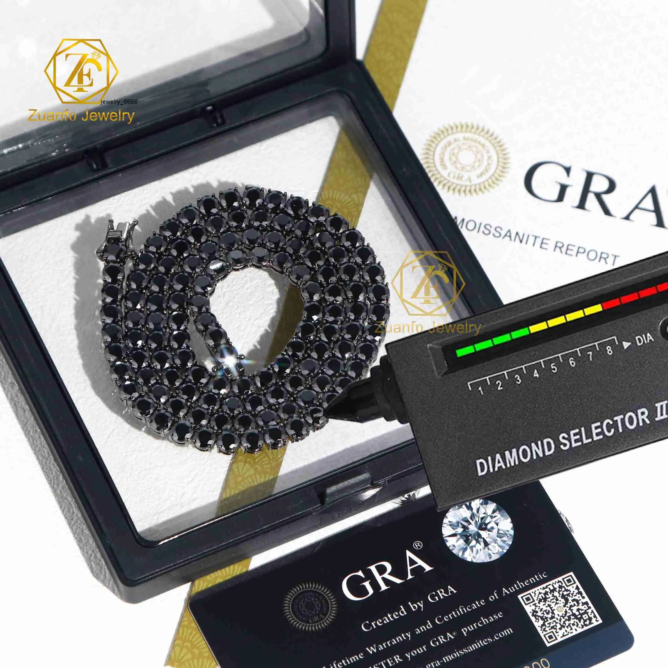 Bracelet en argent sterling S925 plaqué rhodium noir avec collier tennis en moissanite._voghion.com