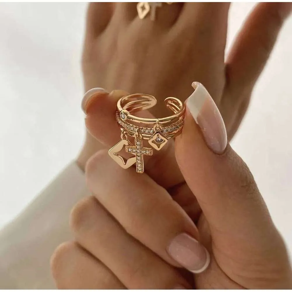 Stainless Steel 18 K Gold Plated Sun Rings For Women Natural Stone Inlaid In Hollow Metal Texture Ring Trendy Jewelry_voghion.com