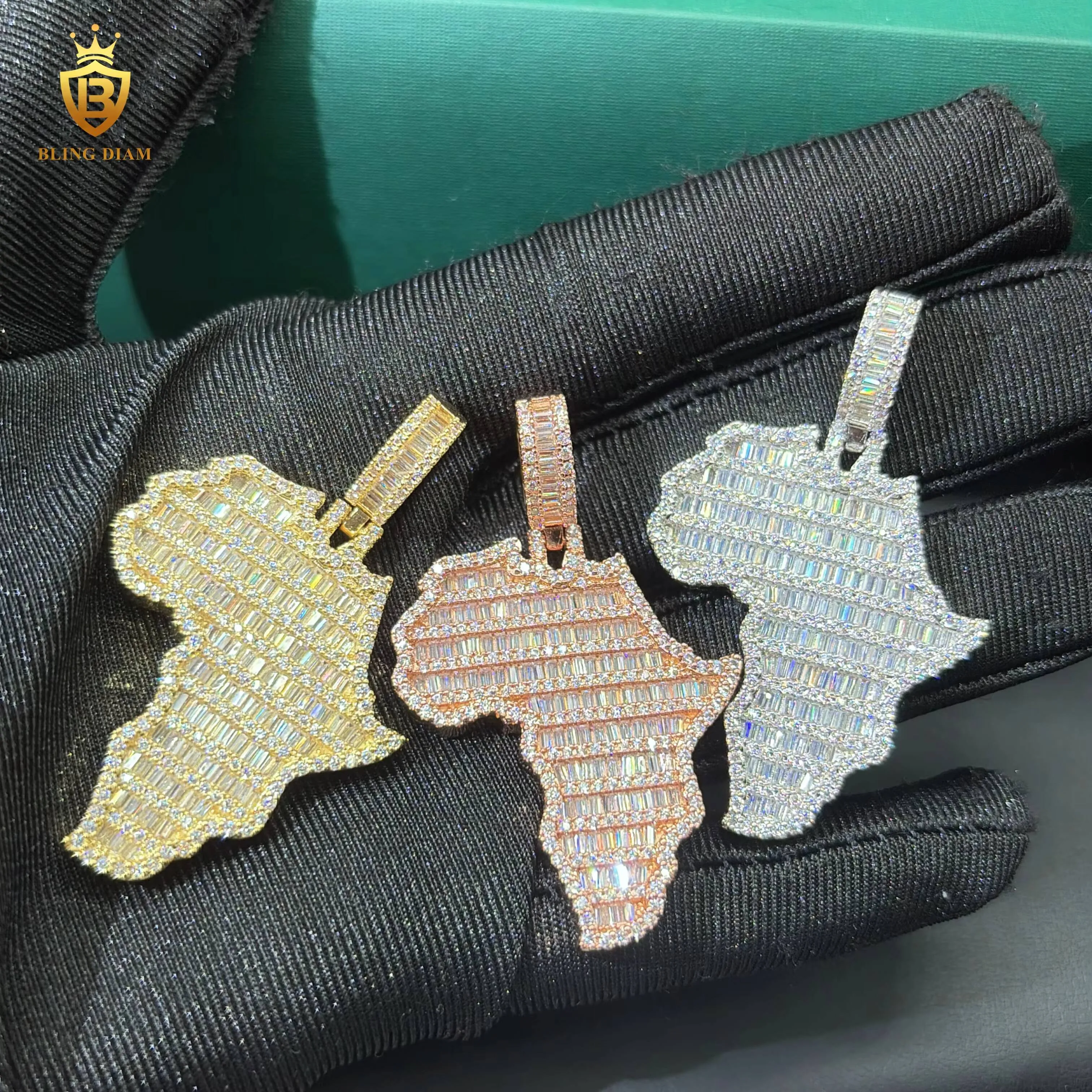 Joias em promoção: Ouro rosa, Moissanita, Estilo Hip Hop, Testador de Diamantes, Pingente Personalizado com Mapa em Prata de Lei 925_voghion.com