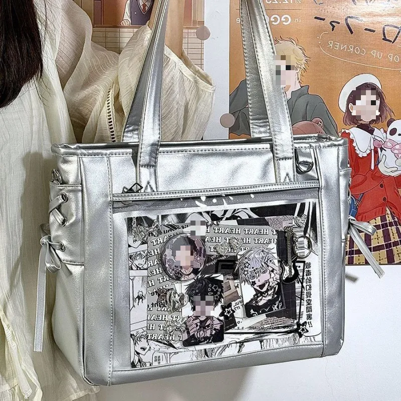 Punk Y2K Ita Bag Women Clear Pocket Shoulder Bag with Metal Skull
