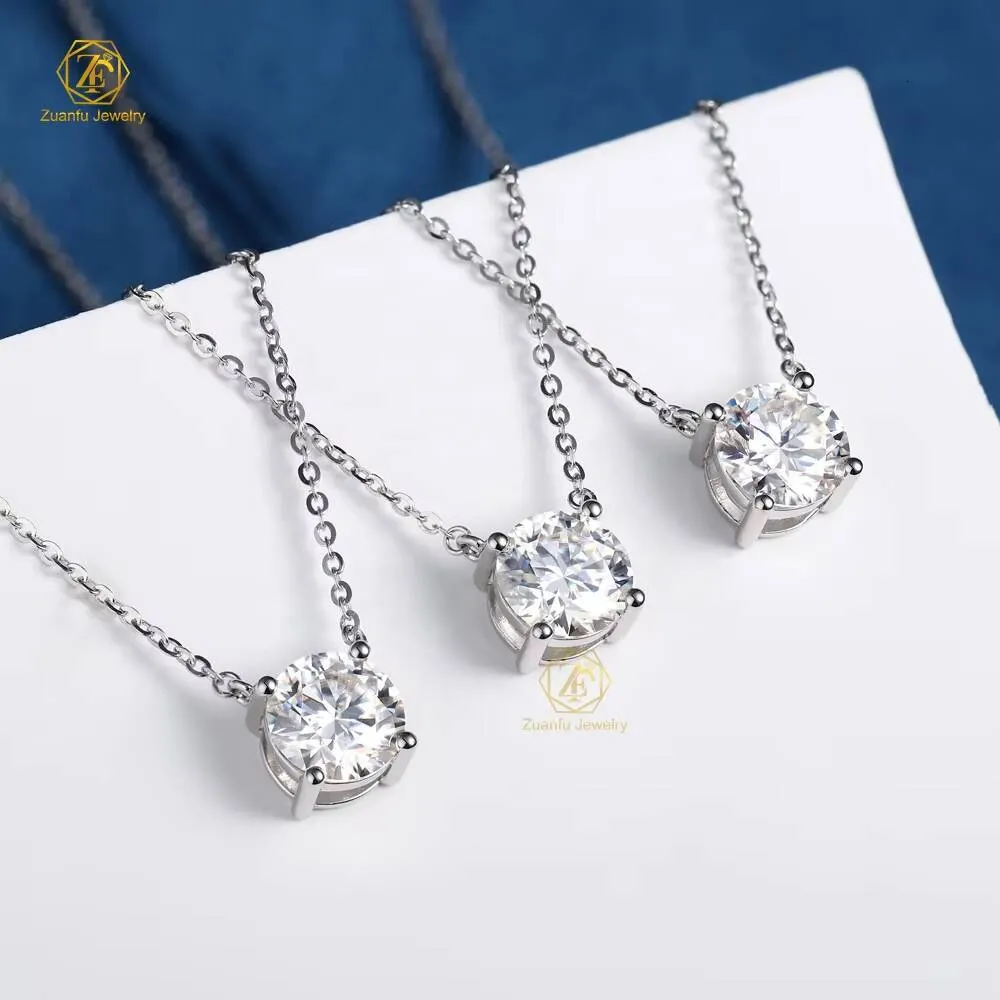 Schlichter Partyschmuck aus 925er Sterlingsilber mit vier Krappen, rundem Brillantschliff, 8 mm, 2 Karat Moissanit-Anhänger._voghion.com