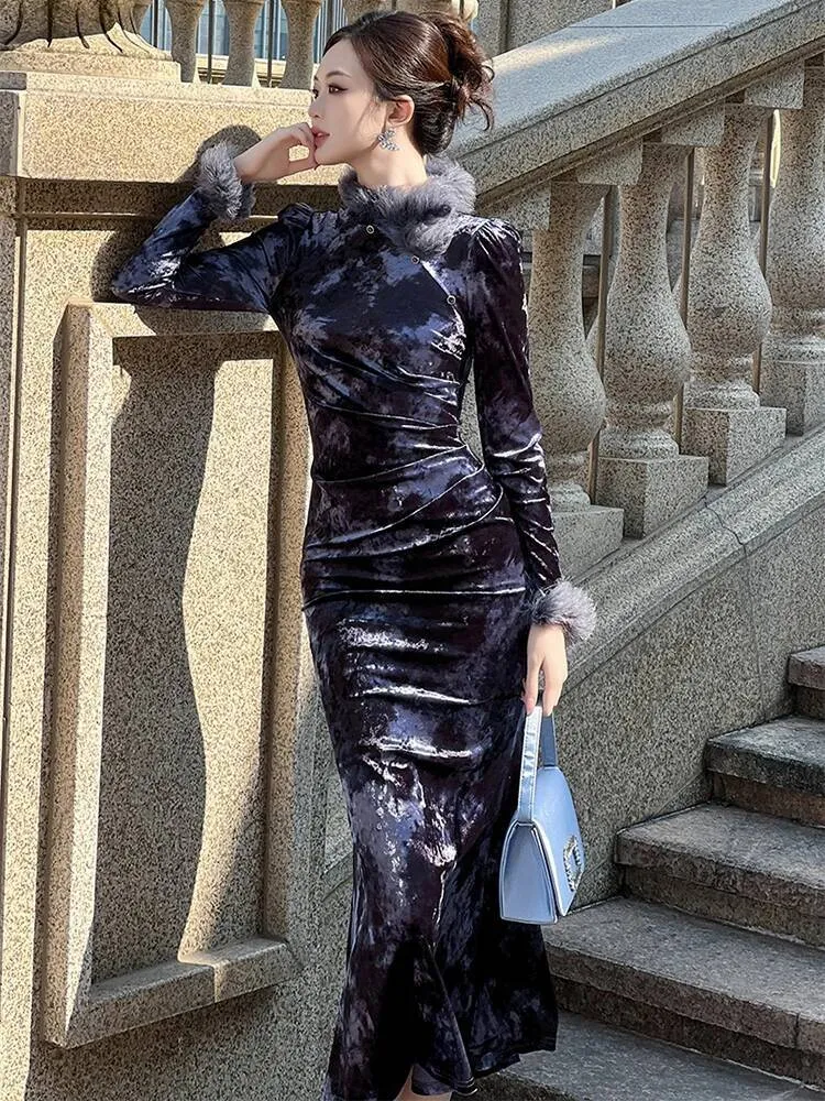 womens velvet winter dress R.Vivimos Womens Fall Winter Velvet Dress Puff Sleeve Square Neck Smocked  Tiered Ruffle A-Line Flowy Midi Dress
