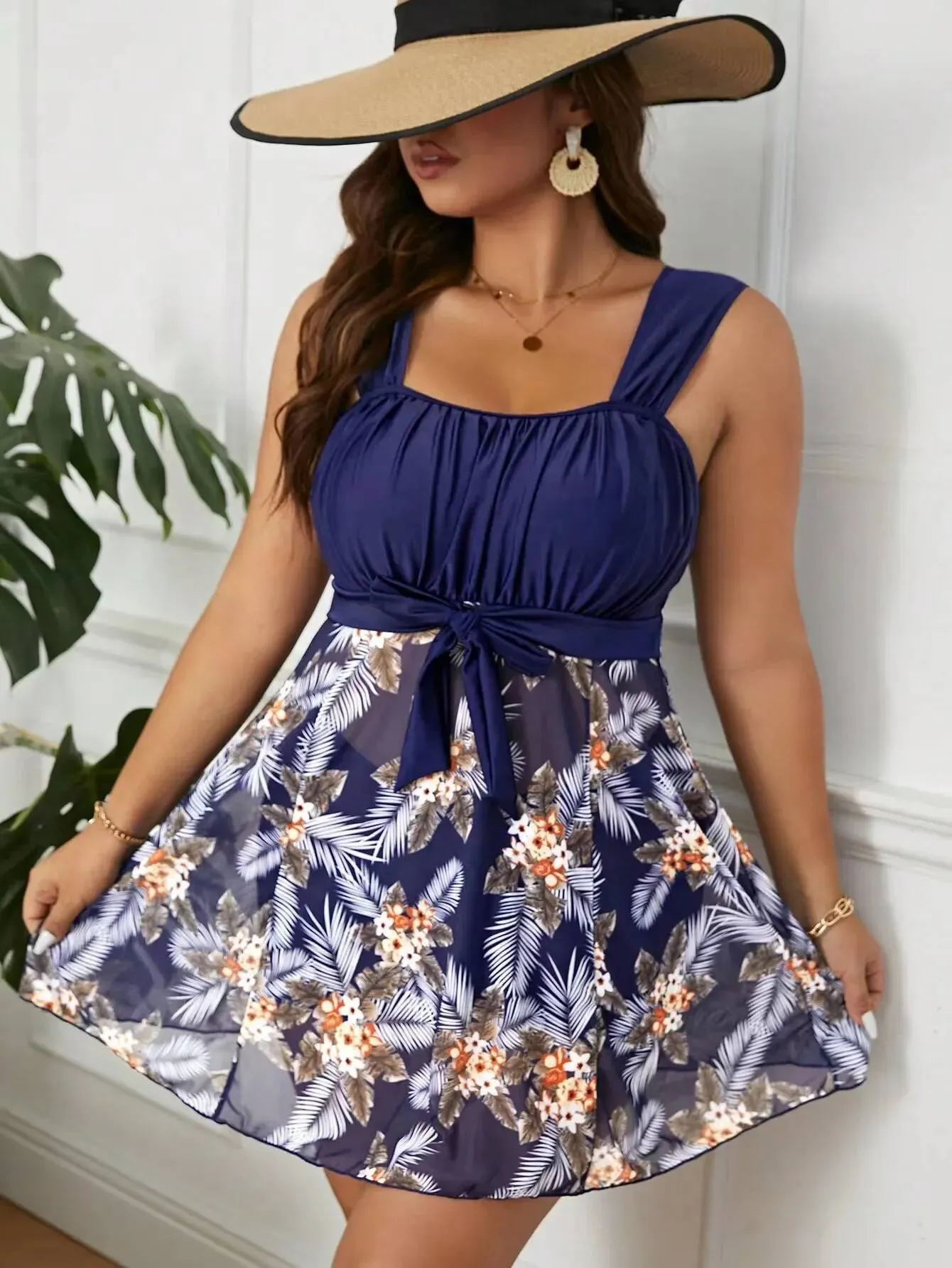 flowy swim dress Flowy Swim Dress One Piece Swimsuit Ruched Detailing And Skirt-Black Floral L / Black Floral