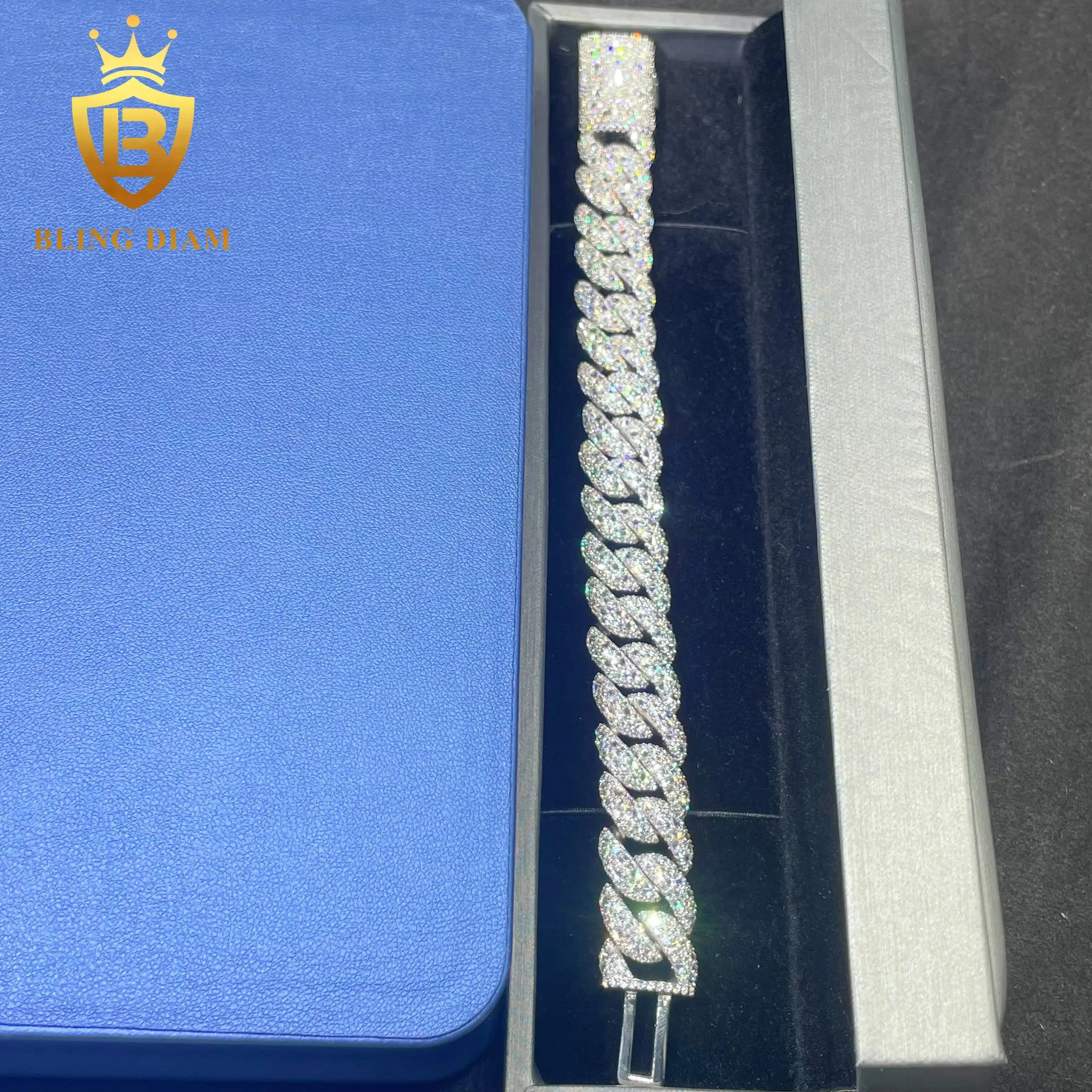 Bracciale hip hop personalizzato con catena a maglia cubana in argento 925 con moissanite iced out e diamanti Miami da 15 mm, per uomo e donna._voghion.com