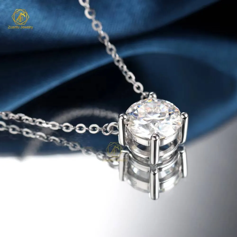 Schlichter Partyschmuck aus 925er Sterlingsilber mit vier Krappen, rundem Brillantschliff, 8 mm, 2 Karat Moissanit-Anhänger._voghion.com