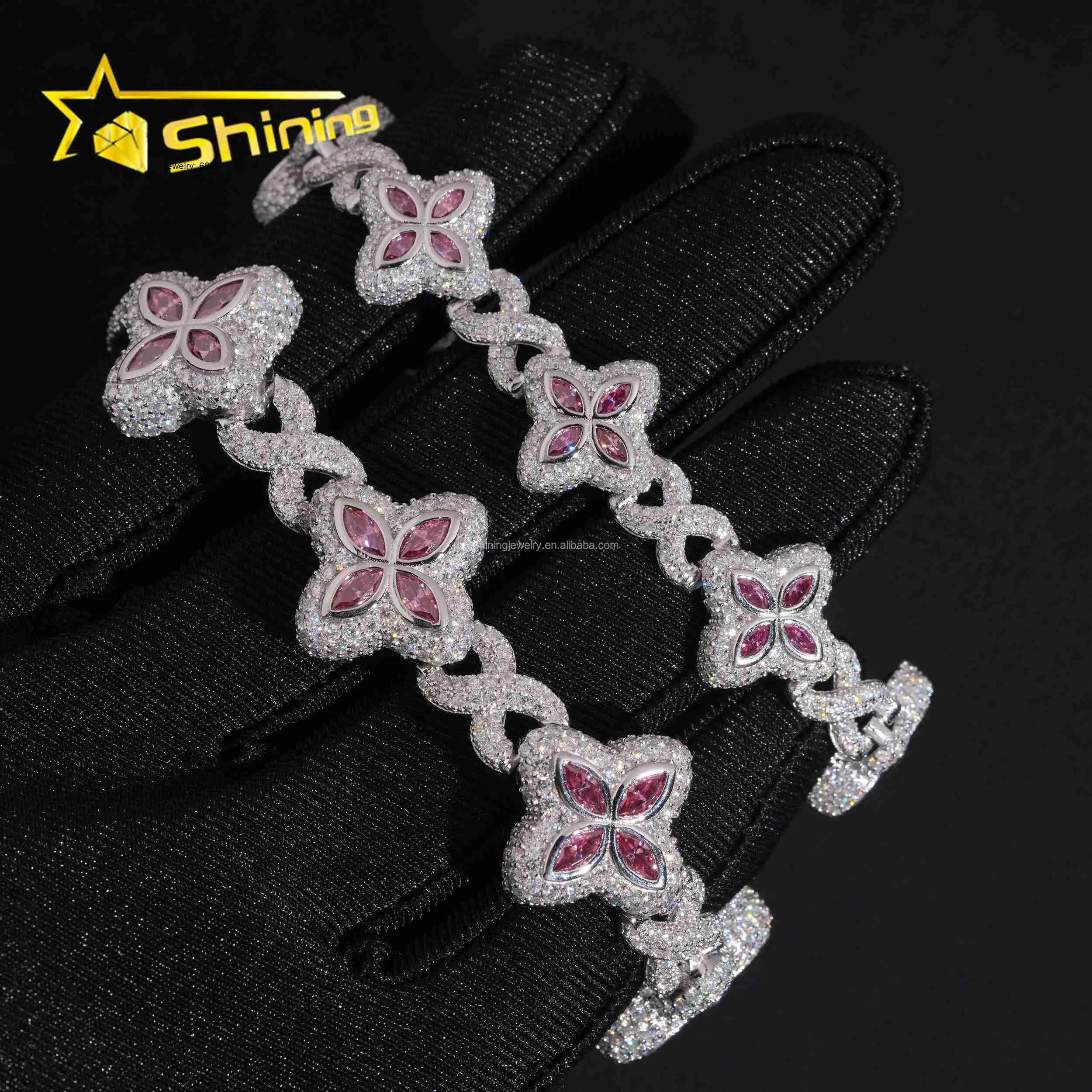 Unique Marquise Design Rapper Luxury Jewelry Hip Hop Pink Color Moissanite Iced Out S925 Silver Cuban Clover Bracelet_voghion.com