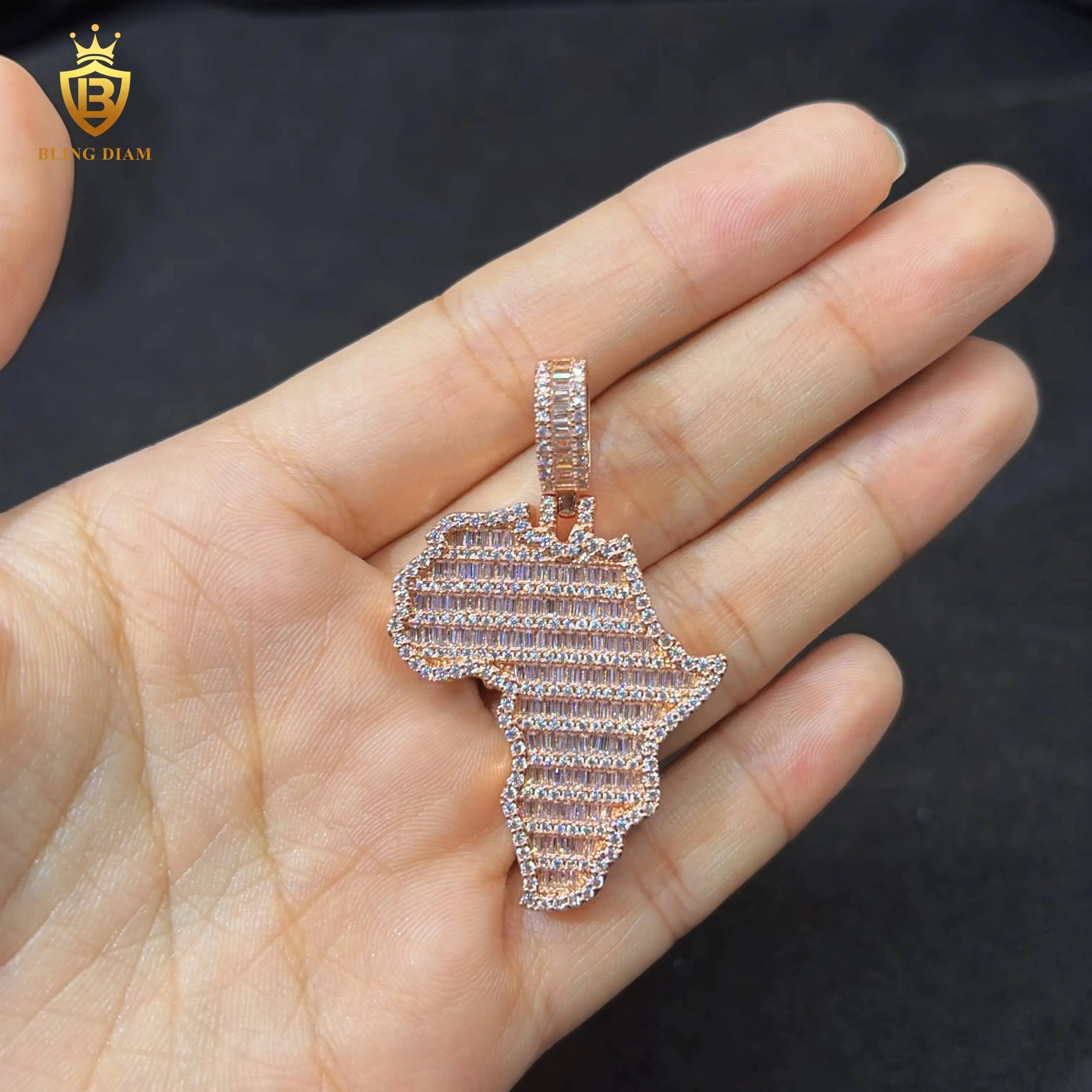 Joias em promoção: Ouro rosa, Moissanita, Estilo Hip Hop, Testador de Diamantes, Pingente Personalizado com Mapa em Prata de Lei 925_voghion.com
