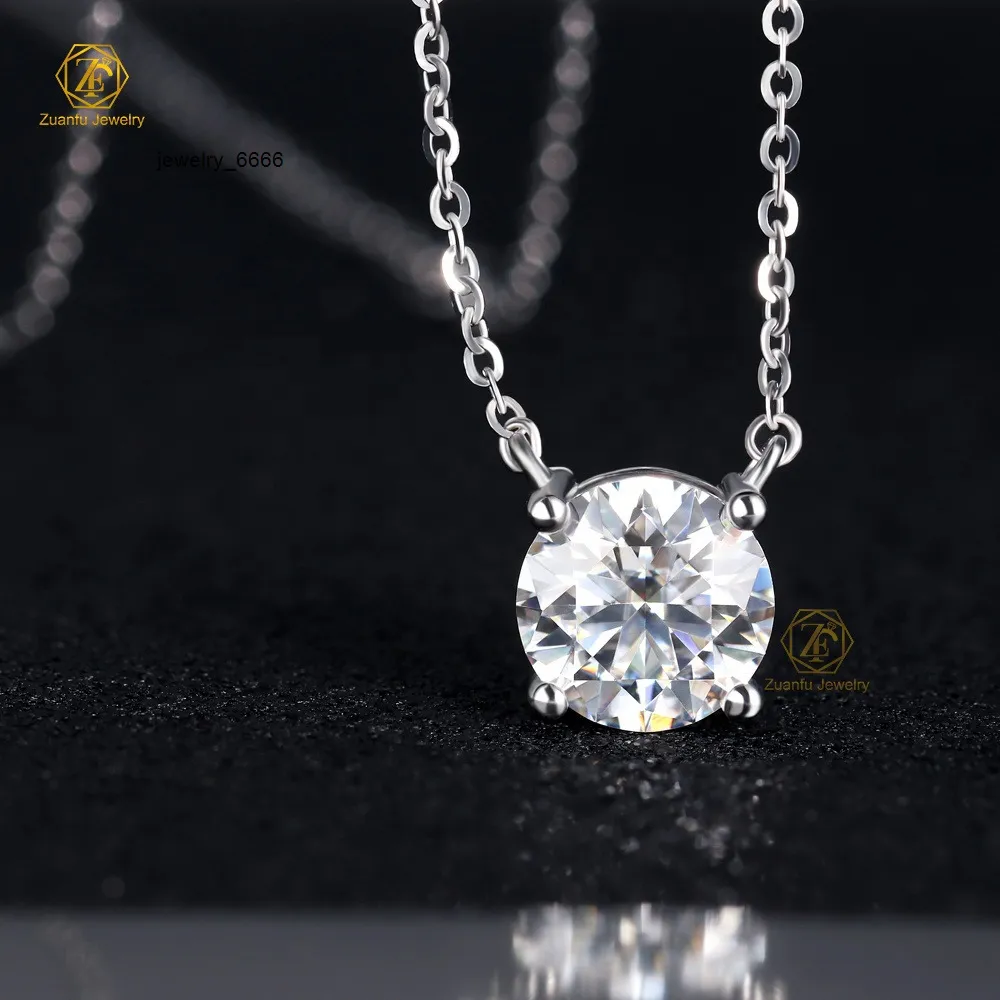 Schlichter Partyschmuck aus 925er Sterlingsilber mit vier Krappen, rundem Brillantschliff, 8 mm, 2 Karat Moissanit-Anhänger._voghion.com