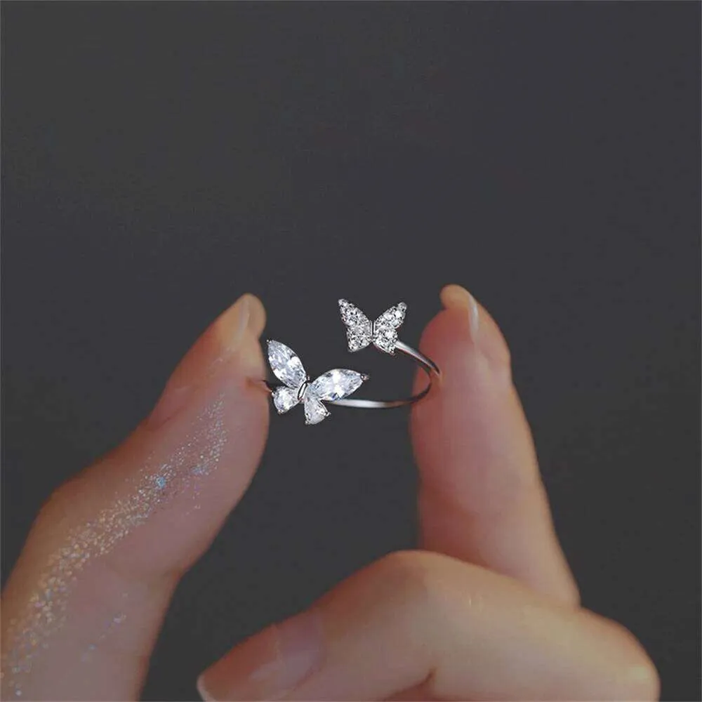 Crystal Butterfly Open Ring Adjustable Silver Jewelry For Women_voghion.com