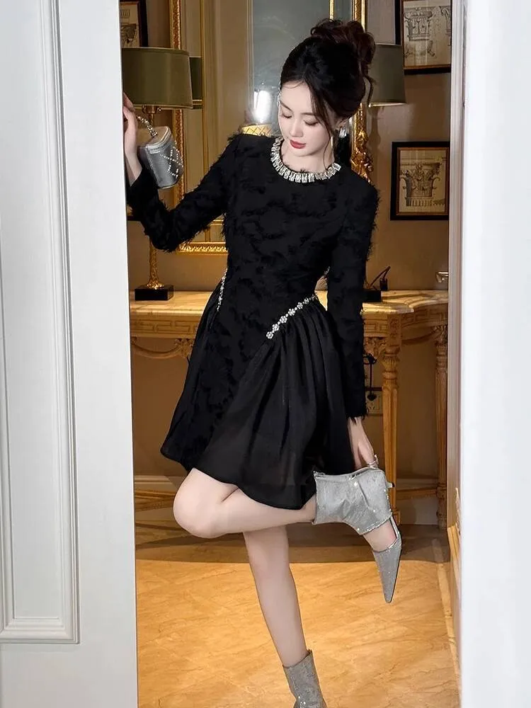 Bestseller Women Clothes Black Vintage Sparkly Diamonds O-Neck Slim Mini  Short Dress Luxury Elegant Party Prom Vestidos Fiesta Fashion New ddmytues