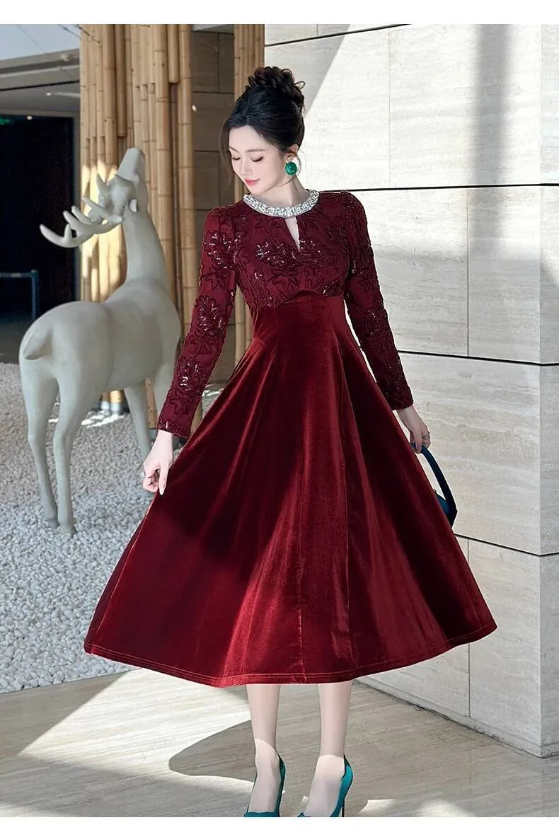 Holiday Dresses For Women 2025 – Elegant Long Sleeve Sequin Velvet Dress With V-Neck, Button Details & Side Pockets Velvet Dress For Women