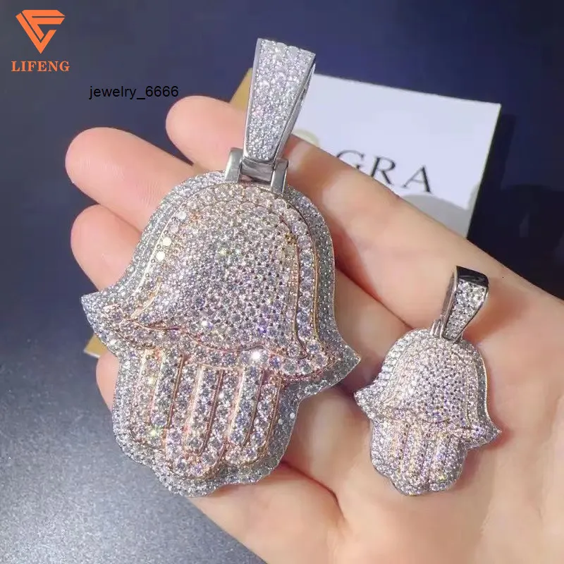 Op maat gemaakte Hamsa-hand voor dames en heren, 925 zilver, verguld, hiphop sieraden, bezet met moissanite diamanten hanger._voghion.com