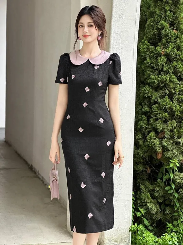 embroidered pencil dress wo-Piece Embroidered Pencil Skirt Dress L / Peach