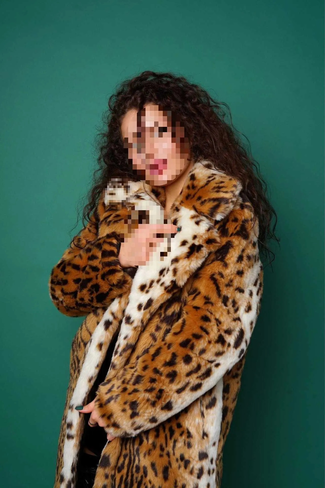 Long Faux Leopard Print Fur Coat with Cashmere Lining and Lapel Neck ...