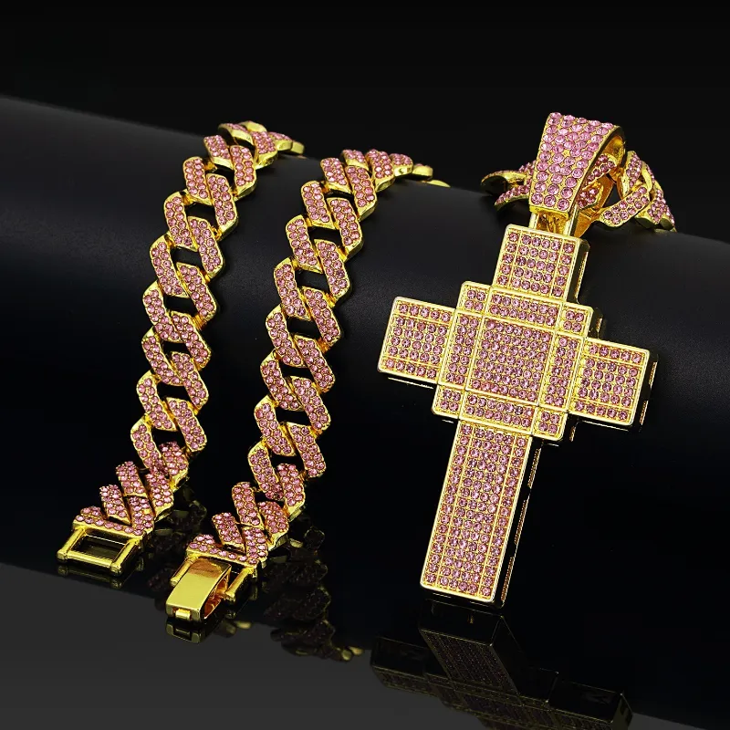 Ladies Temperament Trendy Hip Hop Exaggerated Pink Double Layer Three Dimensional Cross Necklace Cuban Chain American_voghion.com