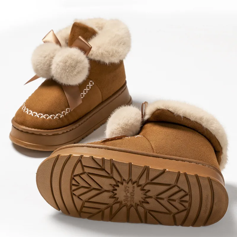 Kostenloser Versand: Schneestiefel mit Schleifendetail und Bommel für Damen, modische mittelhohe Stiefel mit Fellbesatz (Modelljahr 2026), warme Plateau-Winterschuhe_voghion.com