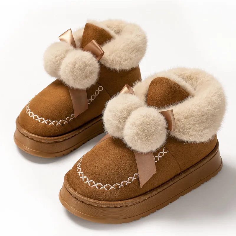 Kostenloser Versand: Schneestiefel mit Schleifendetail und Bommel für Damen, modische mittelhohe Stiefel mit Fellbesatz (Modelljahr 2026), warme Plateau-Winterschuhe_voghion.com