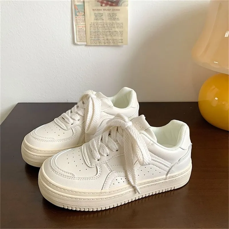 Gratis verzending Klassieke witte leren sneakers voor dames, nieuwe chunky platformschoenen uit 2026, veelzijdige casual schoenen voor elke dag_voghion.com