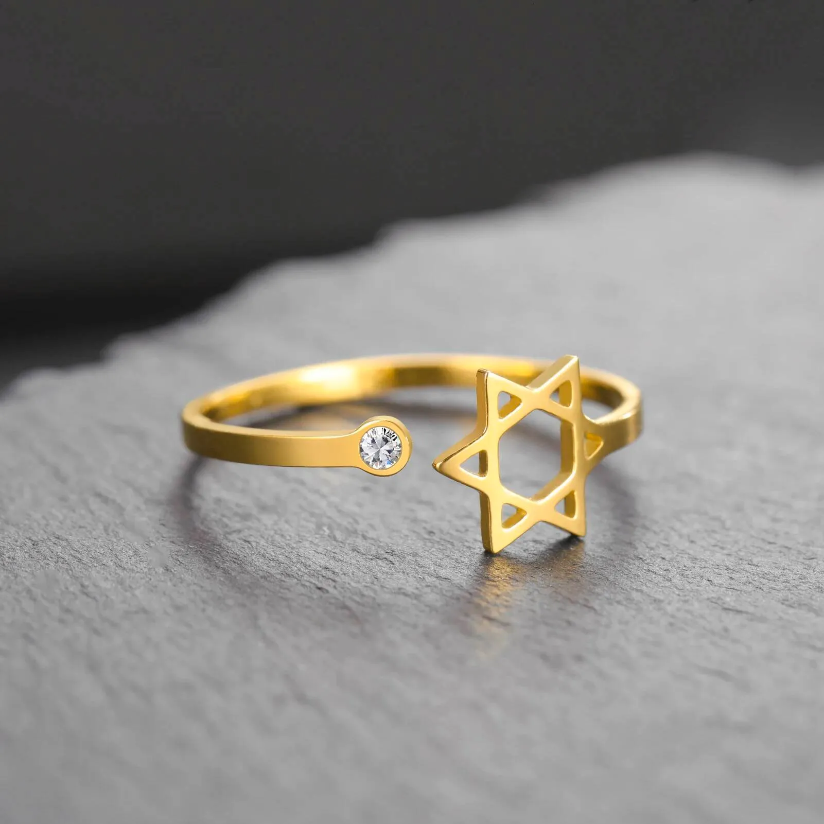 Jewish Diamond Rings Jewish Star of David Open Ring with Clear Zircon Stainless Steel 18K ...