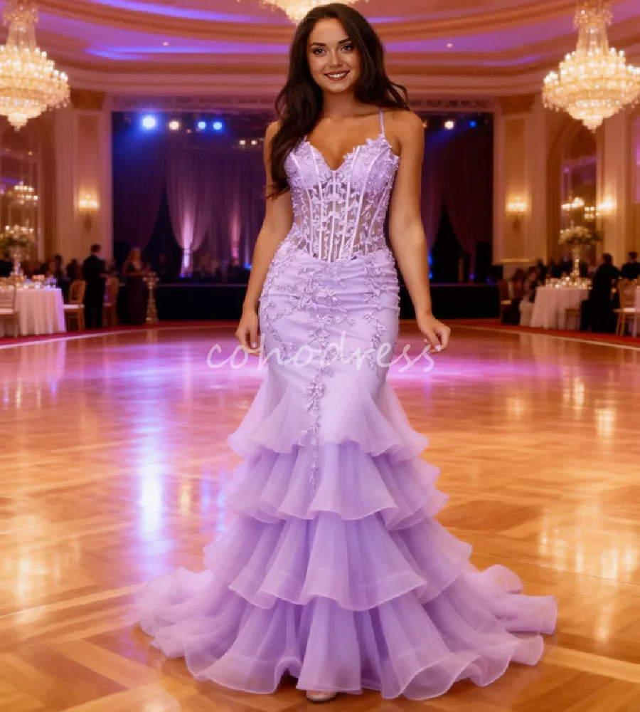 Enchanted Lilac Prom Dress Tiered Ruffles Lace Mermaid Evening Gowns 2026  Elegant Spaghetti Straps Birthday Formal Occasion Wear robe de soiree femme  ...