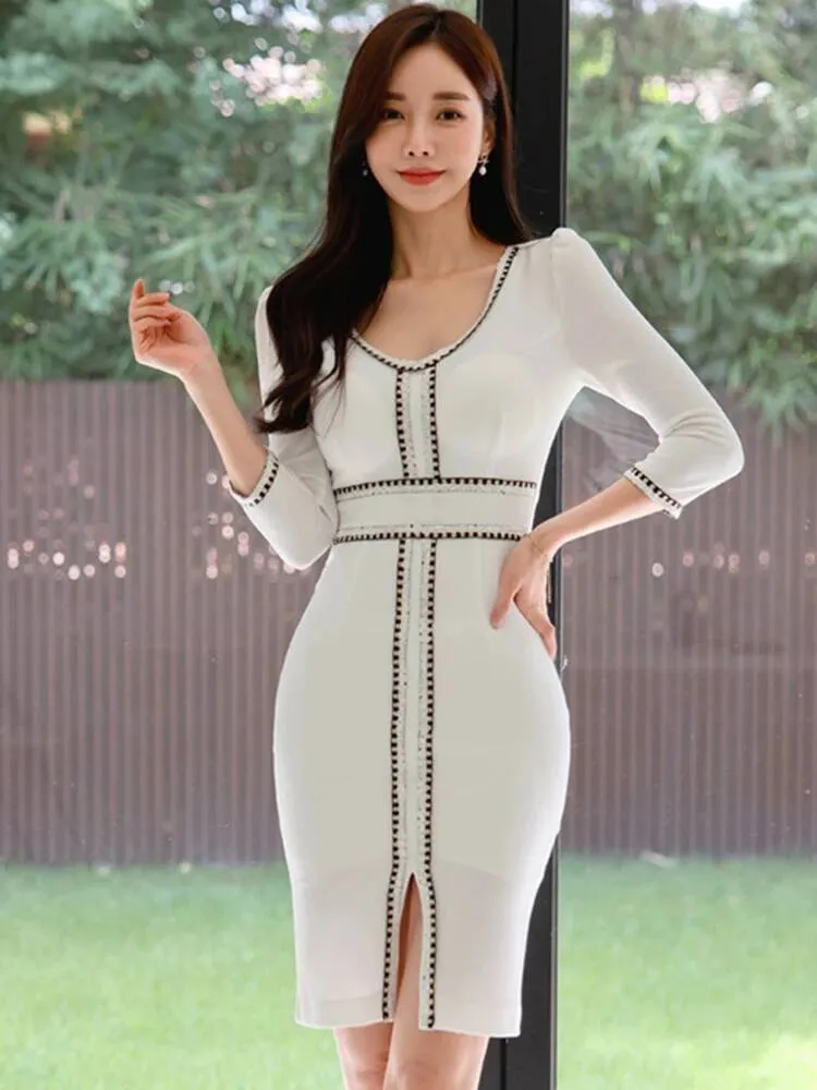 Bestseller New Spring Ladies Work Style Formal Pencil Dresses Women Clothing  Elegant Office Commute White V Neck Slim Dress Mujer Vestidos Ddmytues From  24,12  | DHgate