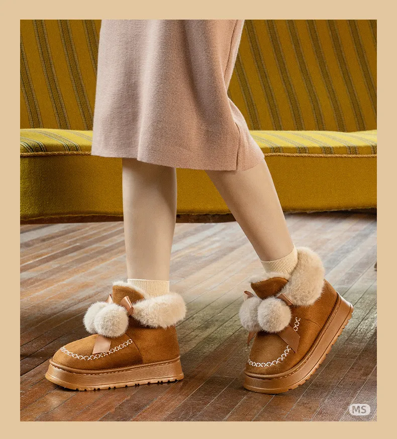 Warme Gefütterte Winterstiefel Mit Fell Schleife Und Bommel Damen_voghion.com