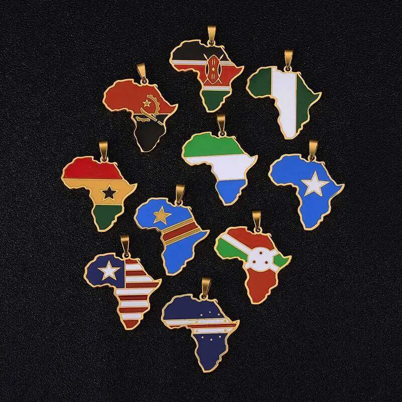Africa Map Flag Pendant Necklace Gold Color Stainless Steel Leather ...