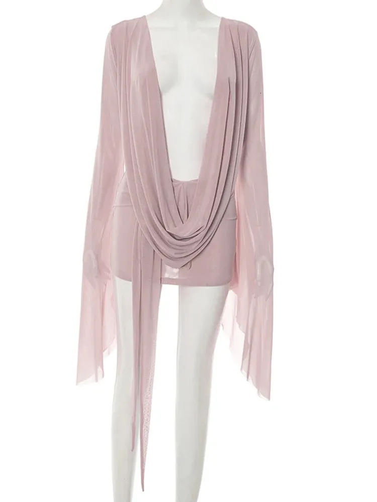 Beyprern Sheer Mesh Short Dress V Neck Ruched Flare Sleeve Pink Beach Cover  Up & Night Out Dress From Zorastore, $34.39 | DHgate.Com