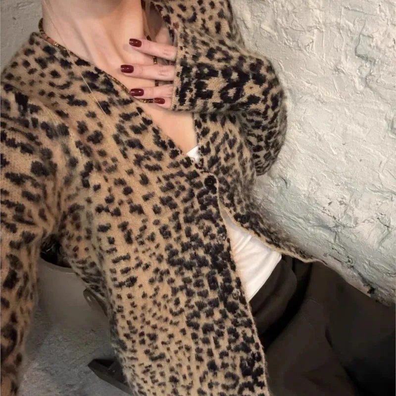 Leopard Loose Slimming Cardigan for Women Hooded Acetate V Neck 