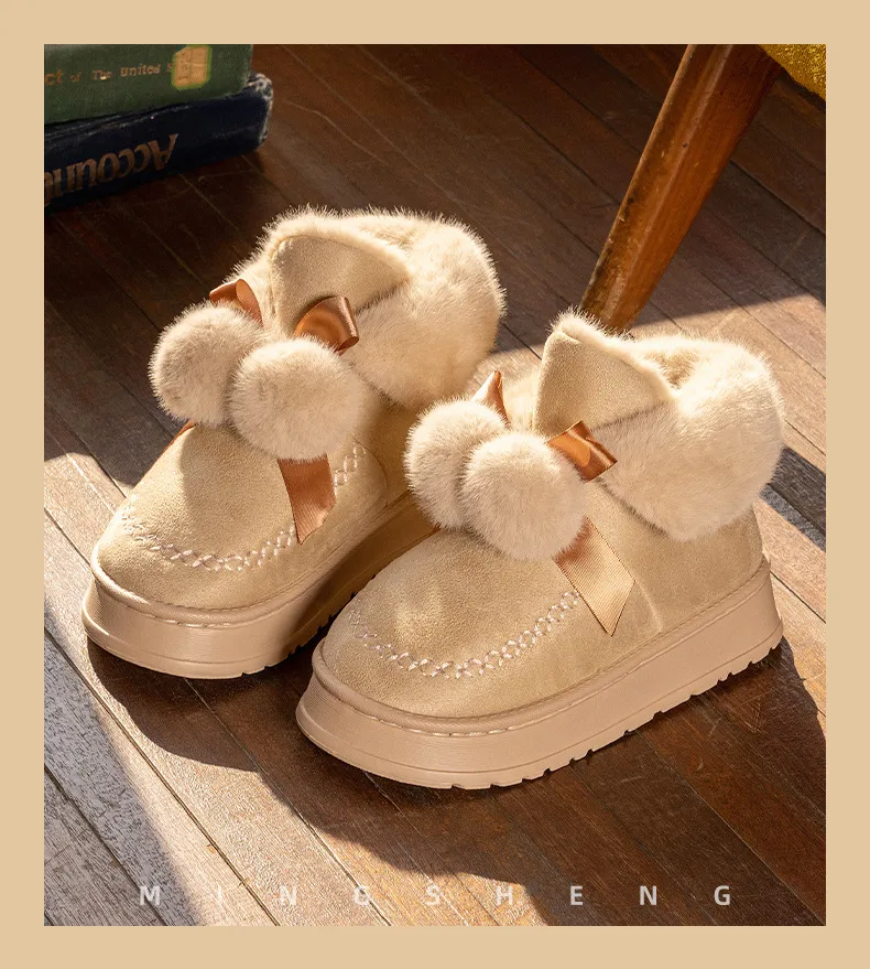Warme Gefütterte Winterstiefel Mit Fell Schleife Und Bommel Damen_voghion.com