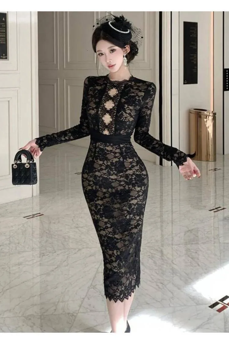 Black Lace Midi Bodycon Dress with Sheer Petal Half Sleeves and Cowl Neck from Dhgate Basic & Casual Dresses