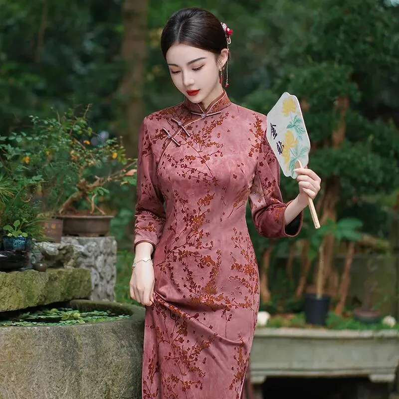 winter cheongsam dress ''Falling Grace Lace Qipao Cheongsam Dress & Faux Fur Jacket Winte Blue purple (coat) / M