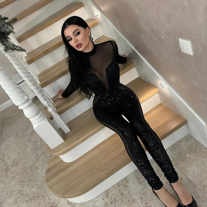 Black Mesh bling jumpsuit for Women - Sexy Nightwear and Fashionable Rompers