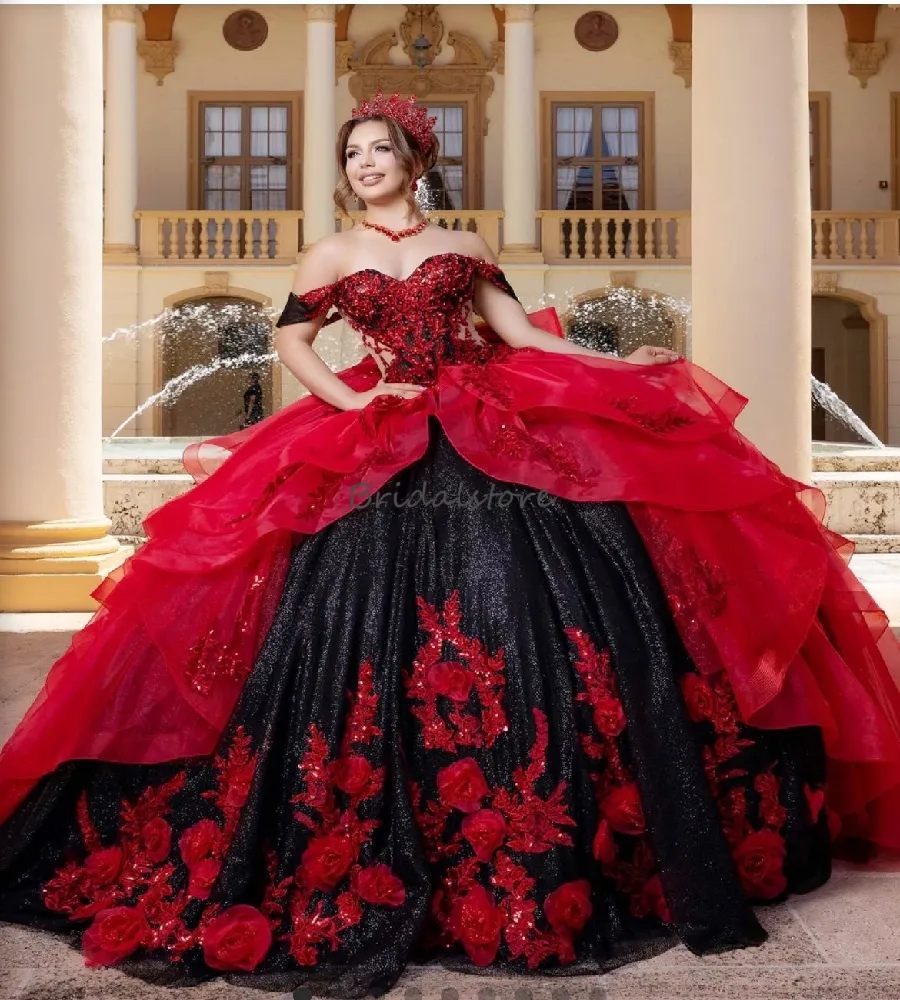 black and red sweet 16 dress Black Red Puffy Quinceanera Dresses Ball Gown Off The Shoulder Appliques Lace Beaded Mexican Sweet 16 Dresses 15 Anos Customized