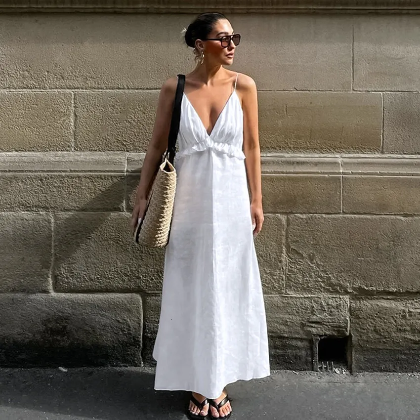 White Cotton A-Line Dress Sleeveless V-Neck Spaghetti Strap Floor-Length Casual  Dress from Dhgate Basic & Casual Dresses - price 44.34