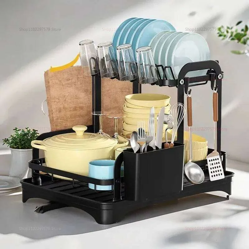 Black 2 Tier Two Tier Draining Rack With Drain Board Space Saving ...