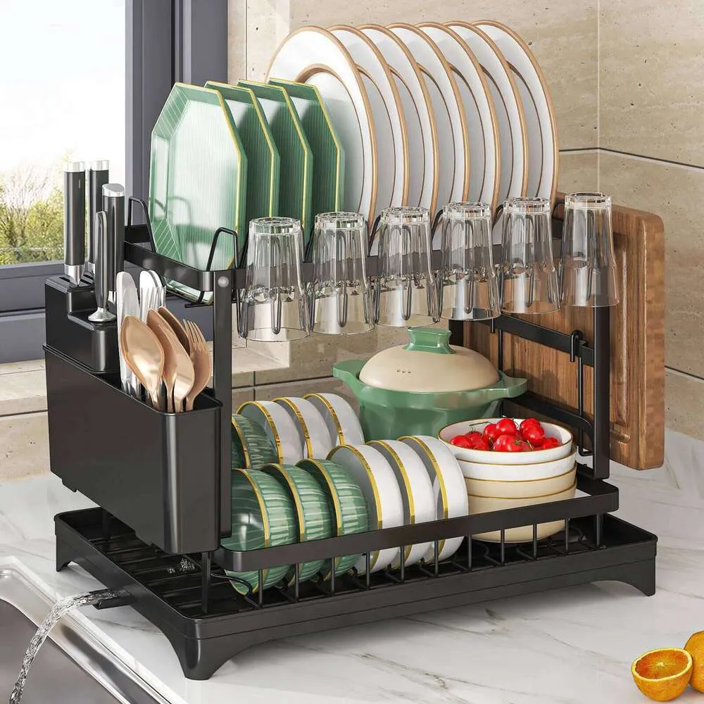 2 Tier Dish Drying Rack with Cutlery Holder and Draining Tray, Metal ...
