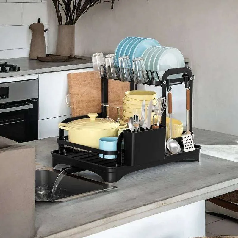 Black 2 Tier Two Tier Draining Rack With Drain Board Space Saving ...