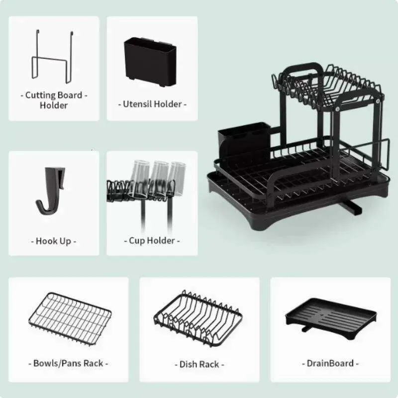Black 2 Tier Two Tier Draining Rack With Drain Board Space Saving ...