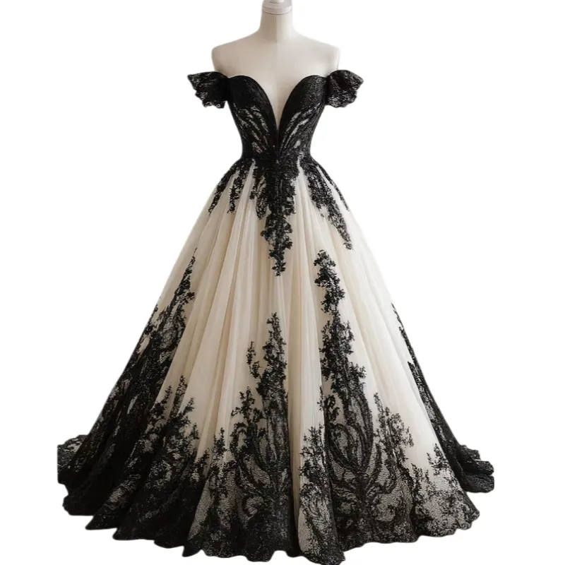 wedding dresses ivory and black Tulle Dress Lace Appliqué Gown A-Line Custom Color / Floor Length / US12 Key Features Moonlight Couture H1477 Black Vine
