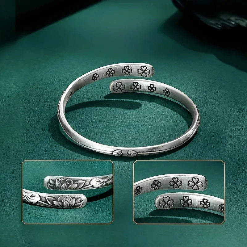 ヴィンテージ 925 タイシルバー蓮の花カフブレスレット女性用 を