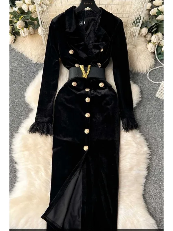 chinese dress ladies 30s Brass Trimmed Velvet Dress | S-M main image 0