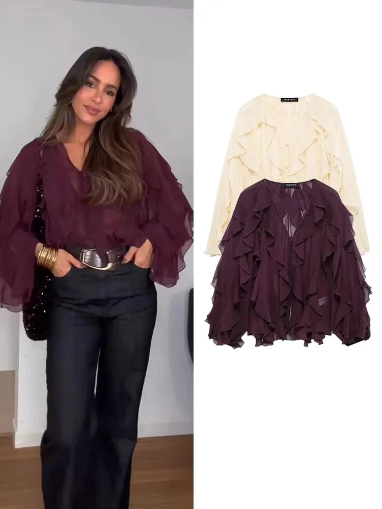 Translucent Ruffled Cropped Blouse TFMLN Womens Translucent Ruffle Blouse V Neck Tiered Casual Solid Shirt ...