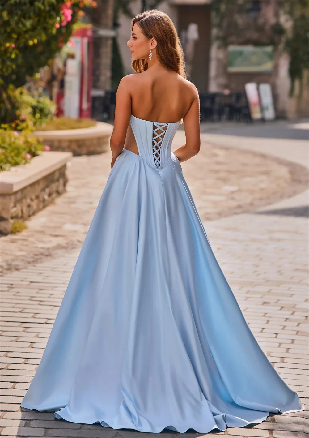 strapless open back dress Zapakasa Women Light Blue Prom Dress A-Line Rhinestones Accents Corset  Feather Party Dress With Appliques main image 1
