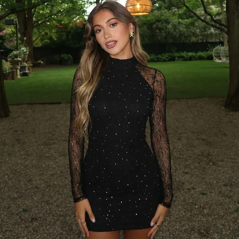 Amazon Hot Selling Womens 2025 Winter New Fashion Sexy Slim Lace Rhinestone  Bodycon Long Sleeve Dress From 30,78  | DHgate